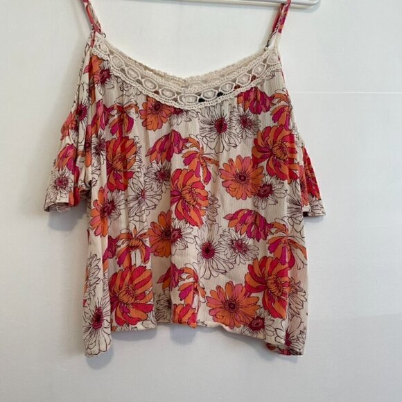 FOREVER 21 Cream Beige Pink Orange Floral Crochet Lace Cold Shoulder Crop Top M - Picture 3 of 11